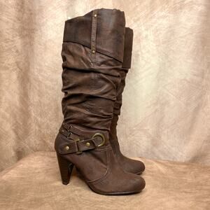 Shi by Journeys Calf High Heeled Faux Suede Slouch Boots Brown Cuffed Indie Y2K